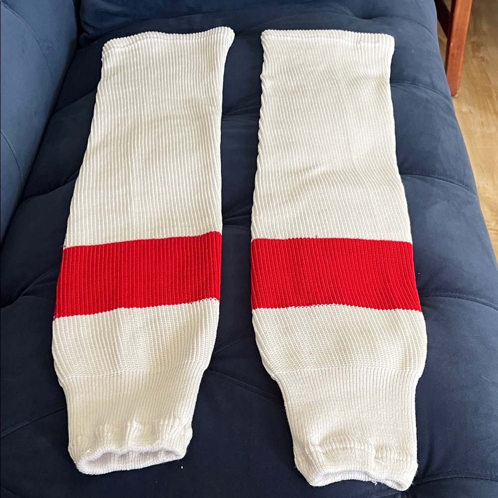 Red and white hockey socks